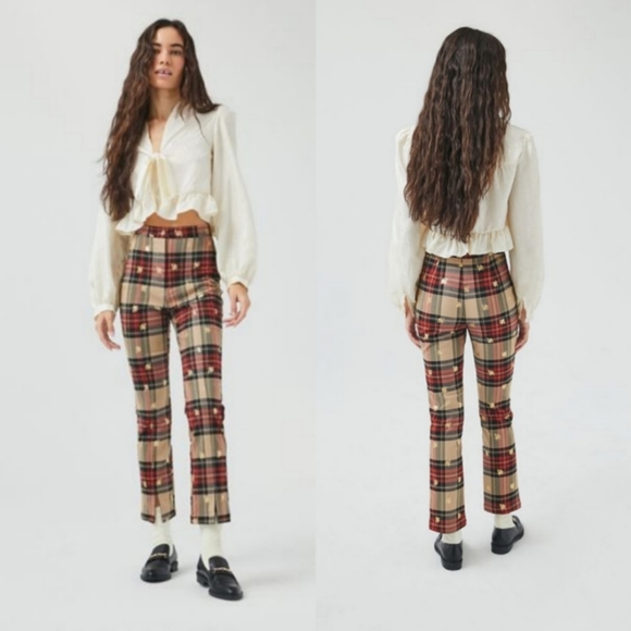 Urban Outfitters High Waist Plaid Bee Print Cropped Trousers Size 0 - Picture 2 of 10